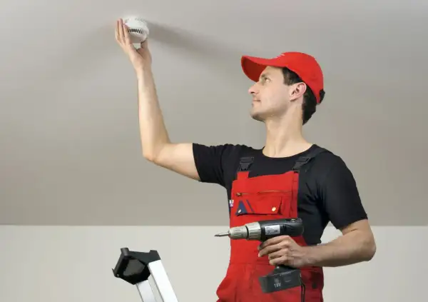 Mann in roter Latzhose montiert Rauchmelder an Decke. Rauchmelder retten Leben – ein wichtiger Schritt für Ihre Sicherheit.
