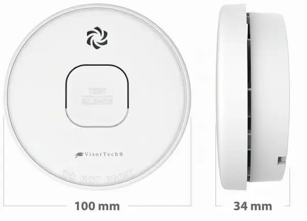 VisorTech Rauchmelder Test: Weißer Rauchmelder mit Test/Silence-Taste und Logo. Maße 100 mm Durchmesser, 34 mm Höhe.