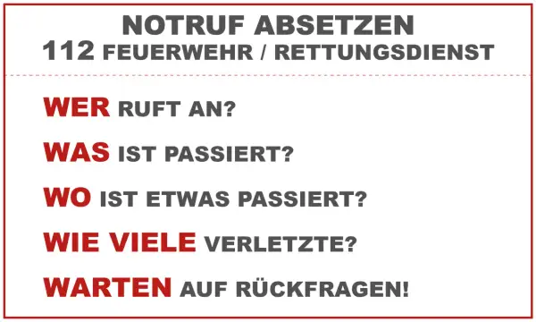 Anleitung zum Notruf absetzen: Wer ruft an? Was ist passiert? Wo ist etwas passiert? Wie viele Verletzte? Warten auf Rückfragen!